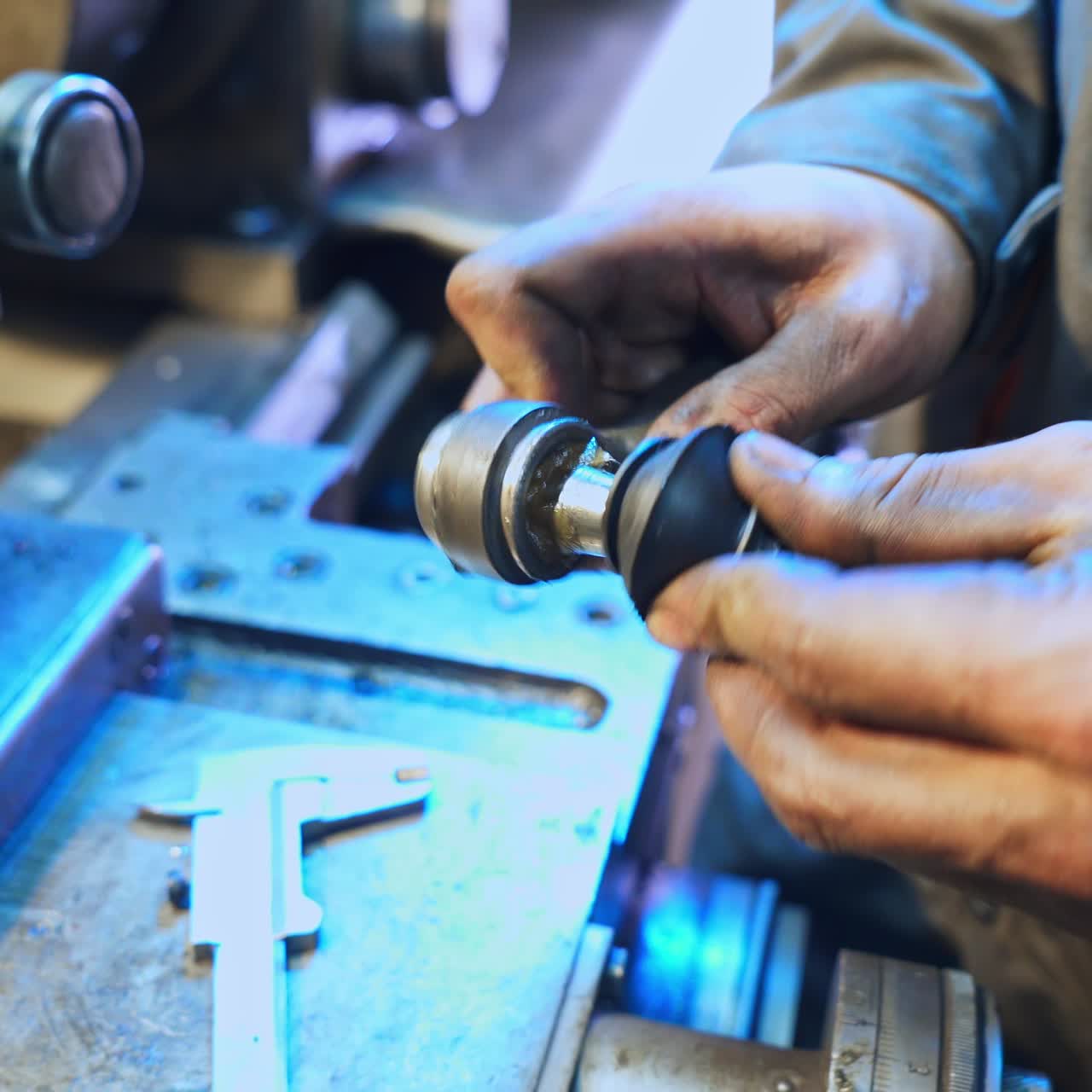 Hands of turner connecting two elements. Close up. Metal table and turning lathe at the backdrop