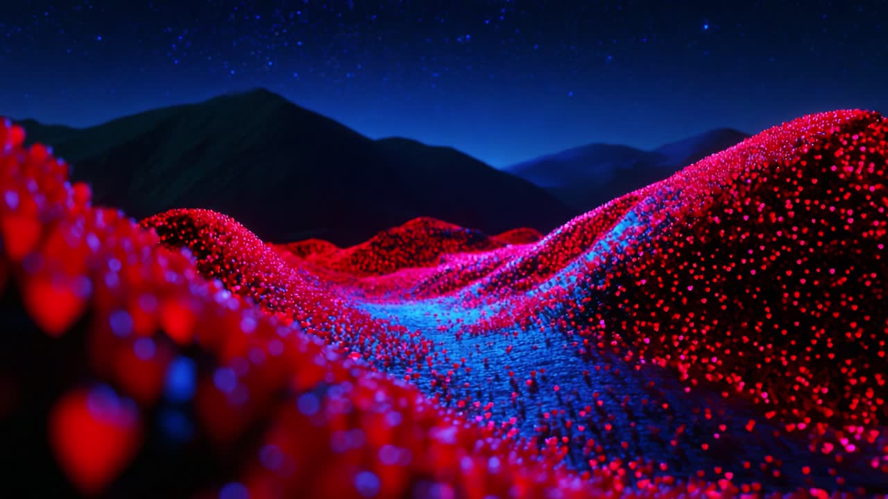 A Stunning Visual of a Dreamlike Landscape Filled with Vibrant Red and Blue Lights that Dance Across the Rolling Hills Under a Starry Night Sky, Capturing the Essence of Imagination and Creativity