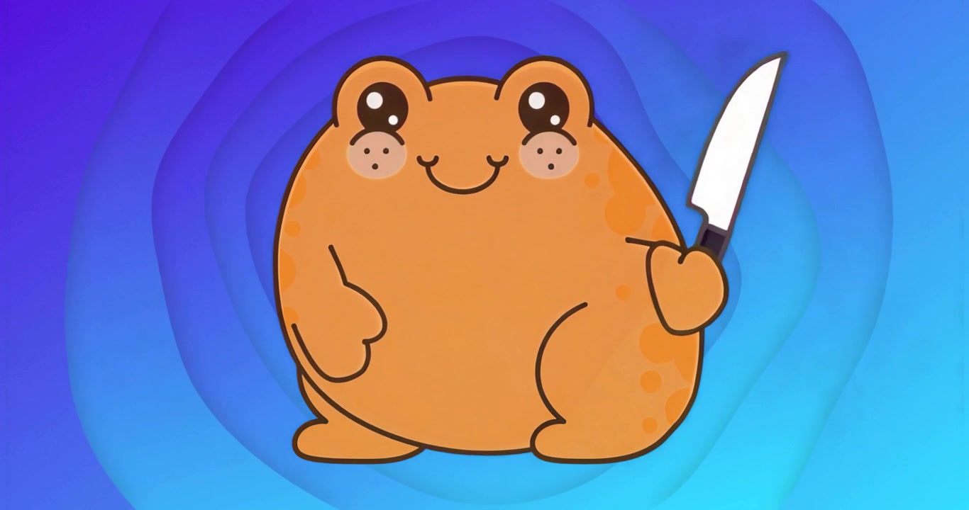 Sapo laranja segurando faca de chef e inclinando a lâmina para frente e para trás contra um redemoinho azul-púrpura