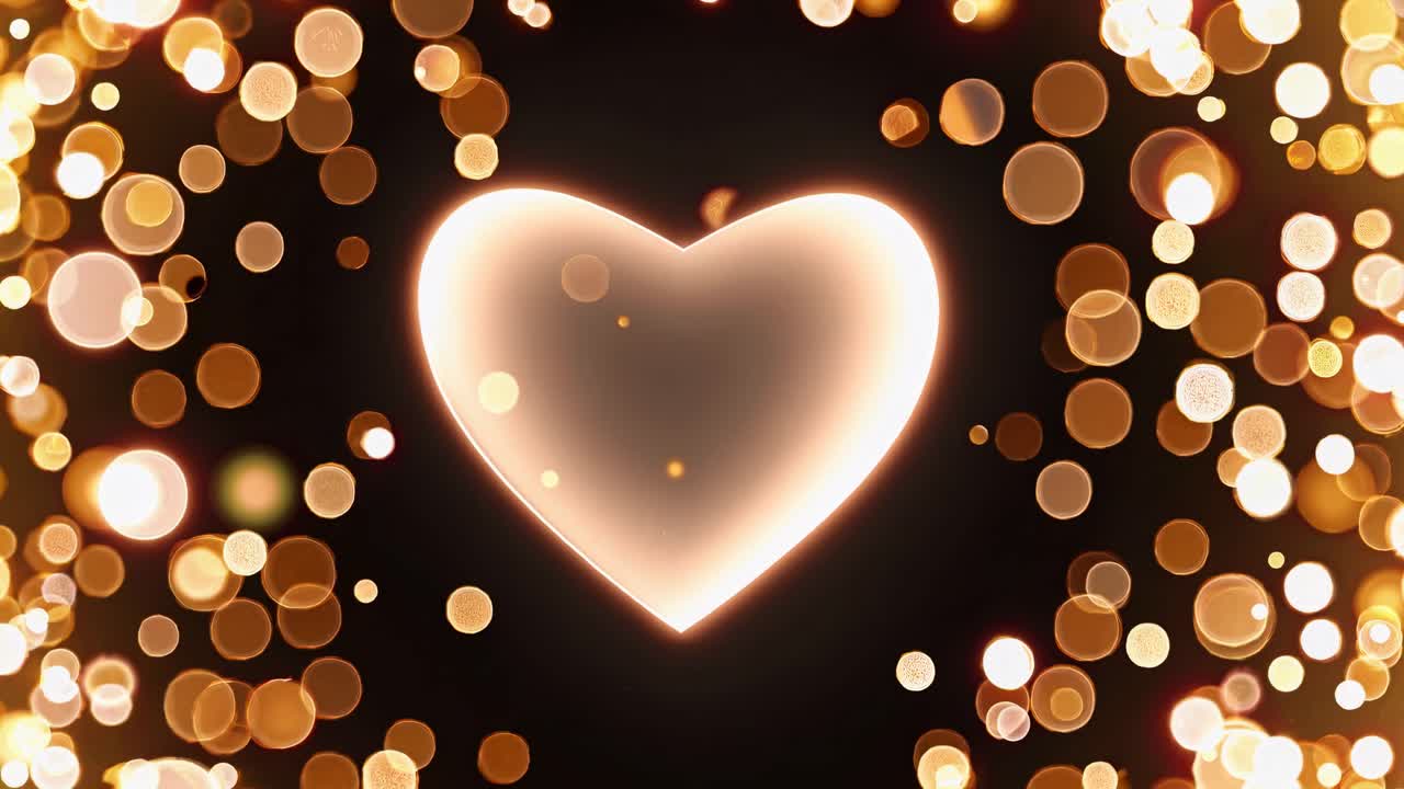 A glowing heart surrounded by golden bokeh lights, captured from a front-facing angle