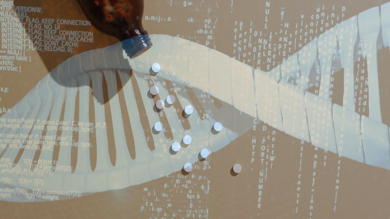 animación de la cadena de adn y procesamiento de datos sobre píldoras