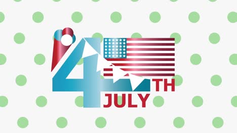 animation of 4th of july text banner against green spots pattern design on white background