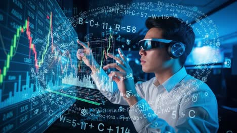 a tech-savvy analyst analyzing data trends in a virtual environment using cutting-edge technology to make informed decisions and enhance financial forecasting