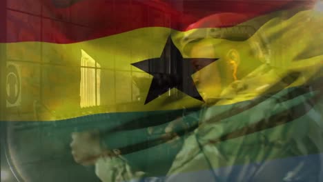 Animation-Der-Flagge-Ghanas-über-Verschiedene-Männliche-Terroristen-Mit-Waffen-Und-Terroristen
