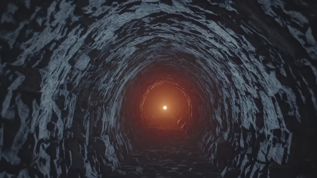 Illuminating rough rocky walls, light at the end of a dark tunnel creates a dramatic and mysterious atmosphere, evoking feelings of hope and the promise of freedom on an unseen journey