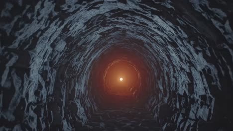 illuminating rough rocky walls, light at the end of a dark tunnel creates a dramatic and mysterious atmosphere, evoking feelings of hope and the promise of freedom on an unseen journey