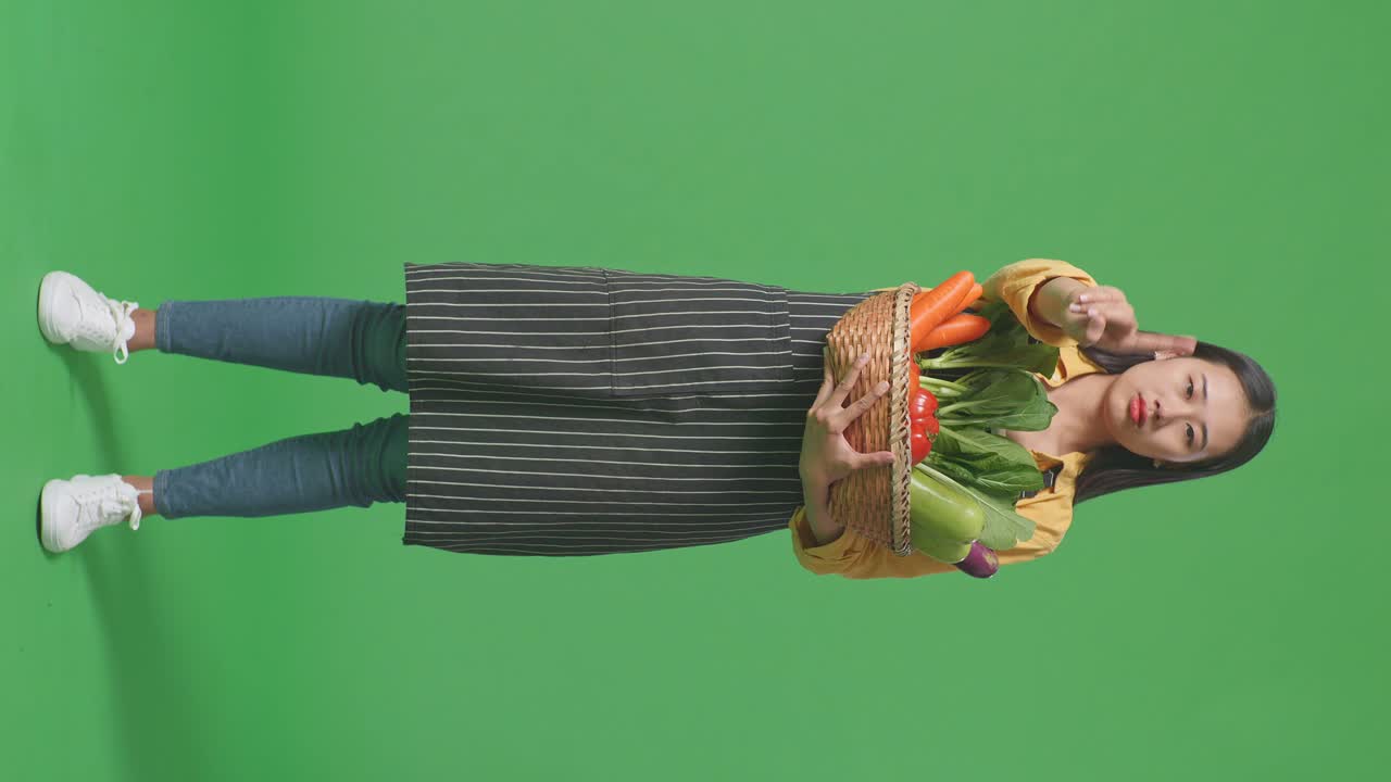 mujer sosteniendo una cesta de verduras