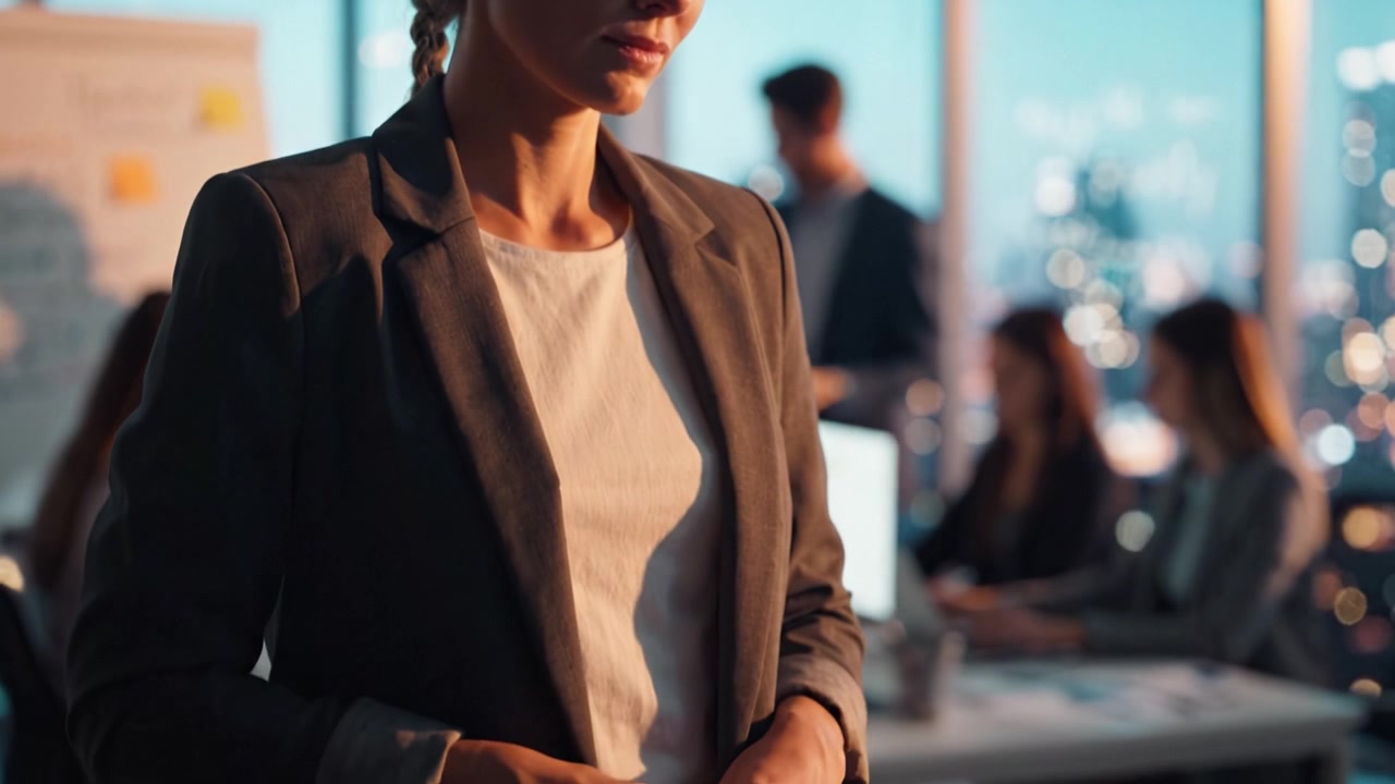 A focused professional in an office environment reflecting determination and introspection against a backdrop of a bustling city at dusk, showcasing modern business dynamics.
