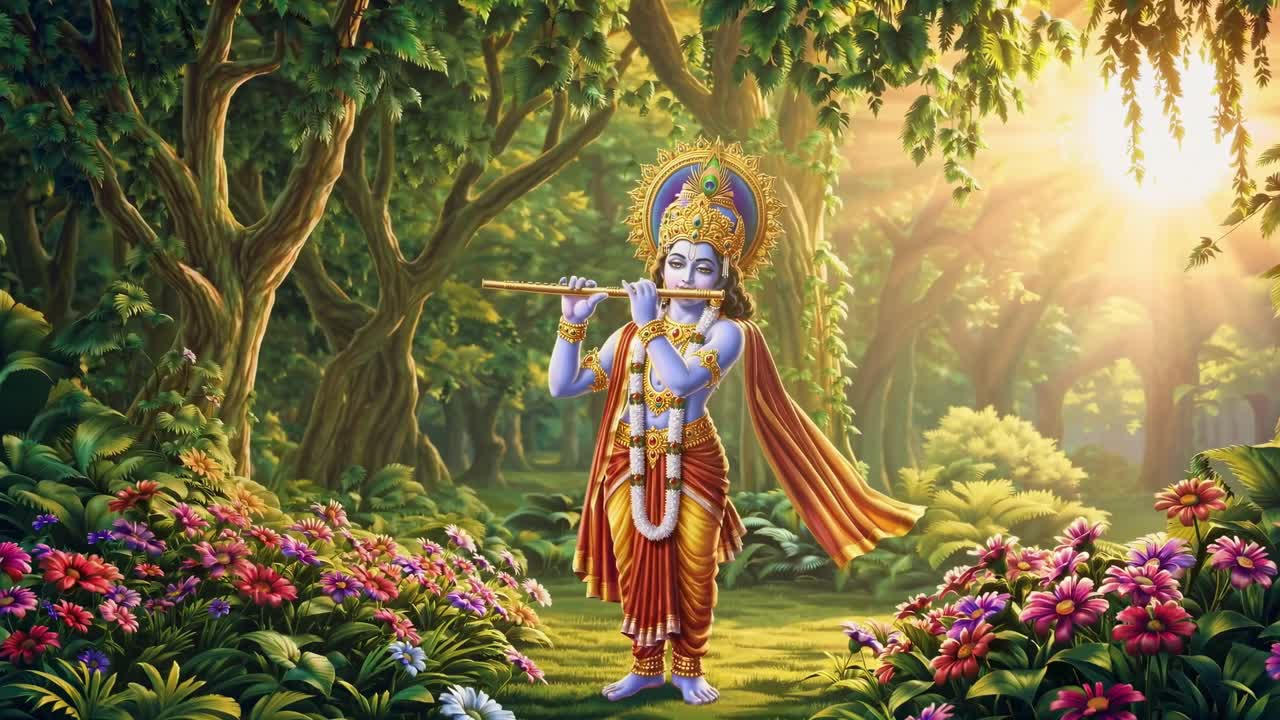 A divine figure plays a flute in a lush forest, with sunlight streaming through trees