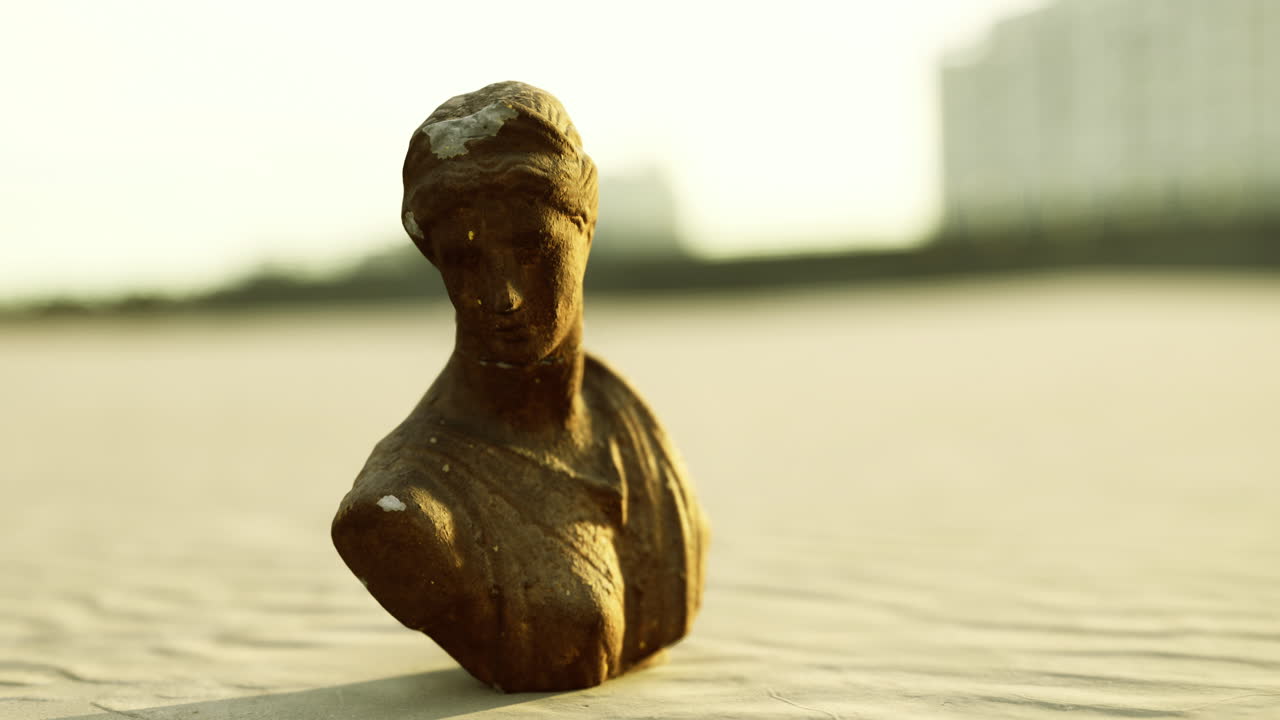 Bust of a woman emerges from sand at sunset by the beach