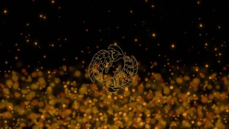 Animation-of-twin-fish-of-pisces-zodiac-sign-against-illuminated-moving-lens-flares-moving-up