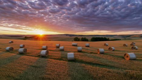 hay bales at sunrise in a wheat field