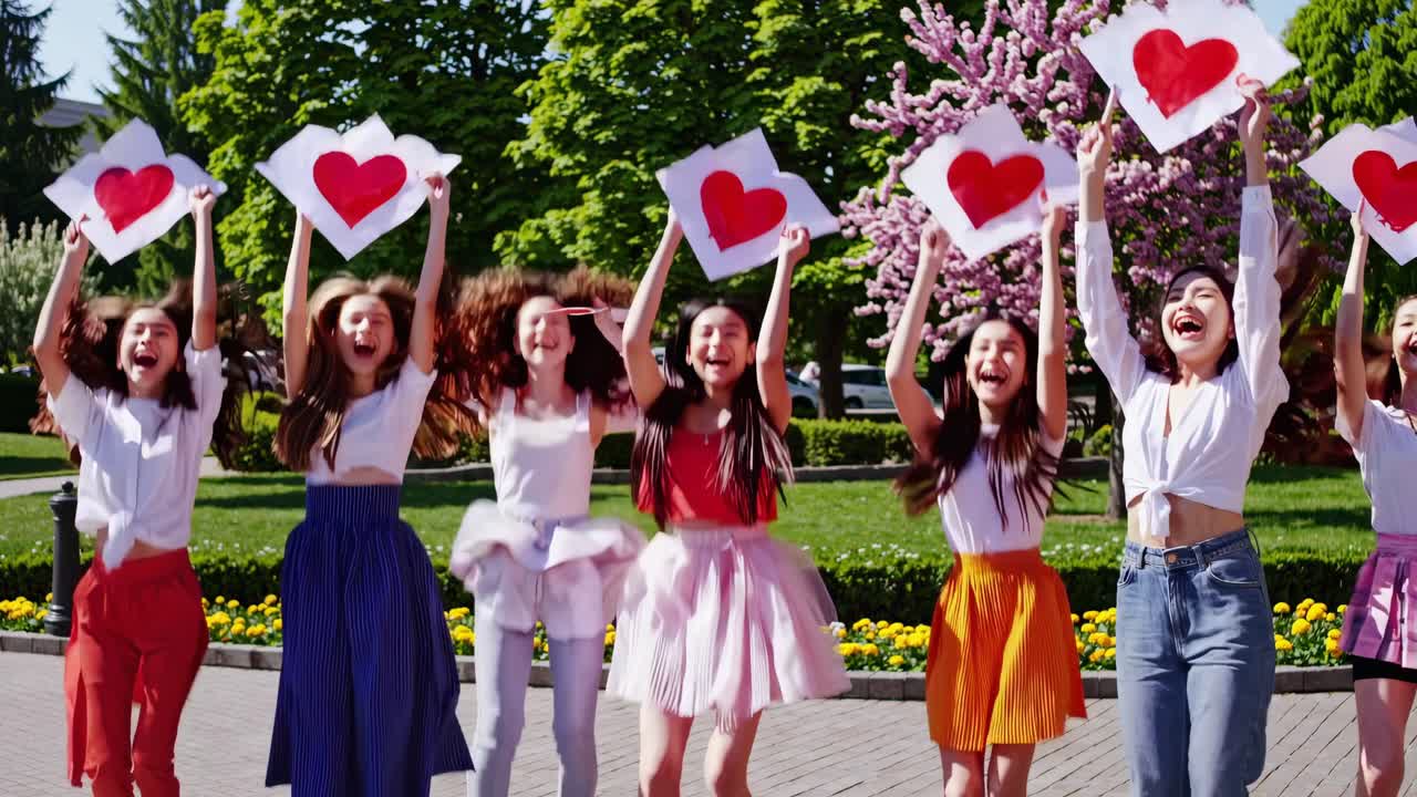 Female friends jumping together in sunlit park, holding red heart shaped signs, radiating pure happiness and deep connection through shared moments of joy and carefree celebration
