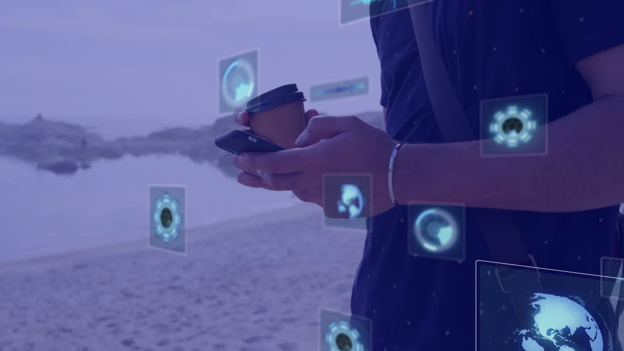 анимация цифровых экранов с данными о кавказском человеке с помощью смартфона