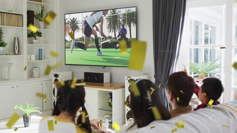 animation of confetti over asian family watching tv