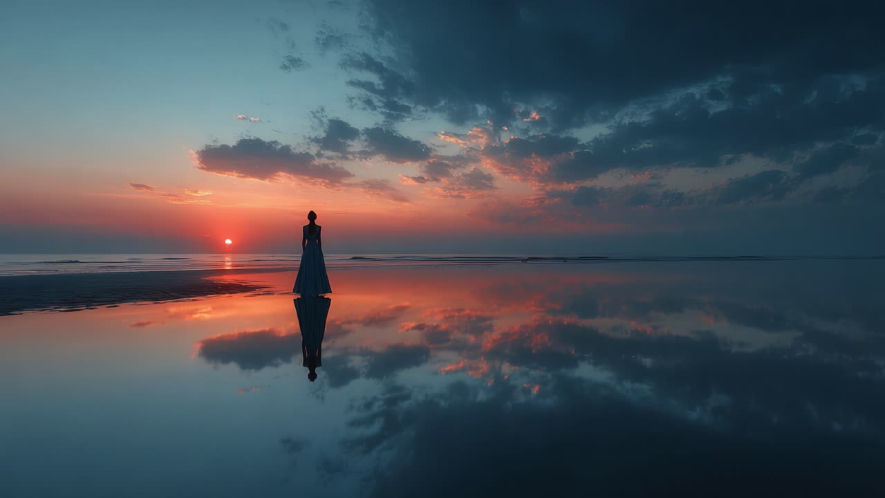 A Solitary Figure Stands at the Water's Edge, Gazing at the Sunset Reflected on the Still Surface while Vibrant Colors Paint the Sky