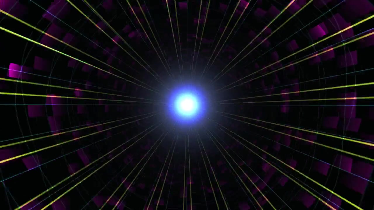 Abstract Digital Tunnel with Glowing Purple Squares and Yellow Light Lines