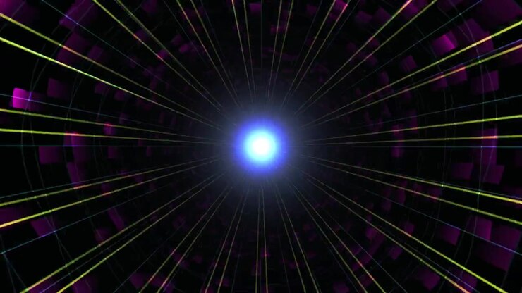 Abstract Digital Tunnel with Glowing Purple Squares and Yellow Light Lines