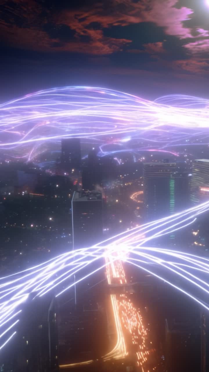 A Stunning View of Urban Lights and Dynamic Traffic Flow Illuminated by Vibrant Colors in a Futuristic Cityscape Under a Dramatic Sky at Night