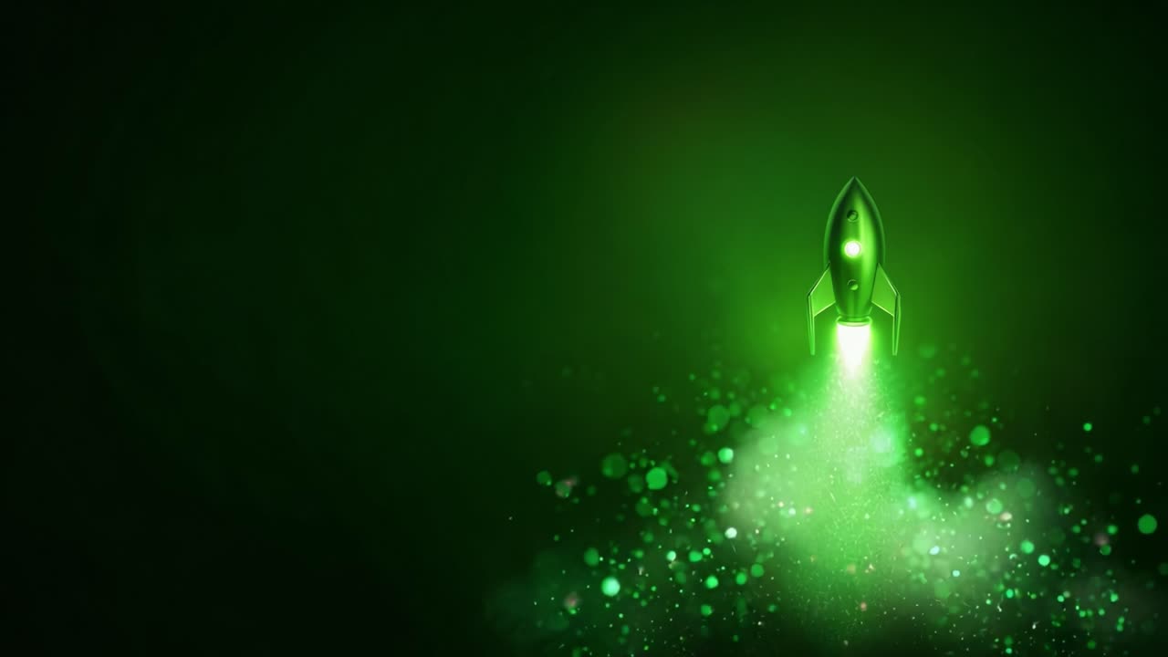 Conceptual animation of a green rocket launching on a dark background, representing a business startup, innovation, success, and the beginning of a new project with copy space on the left