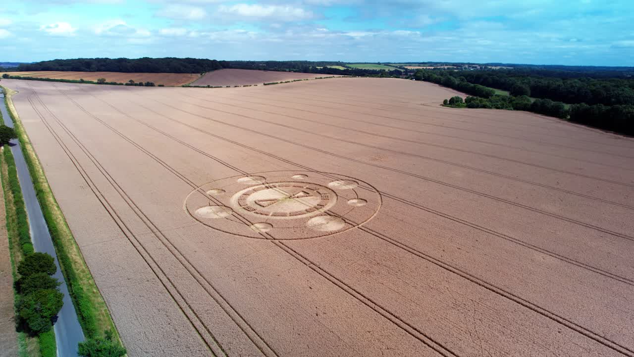 Swarraton barley field crop circle geometric pattern aerial view reveal from behind countryside tree