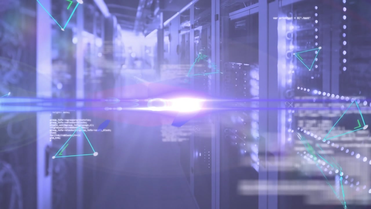 Animation of data processing and light spots over server room