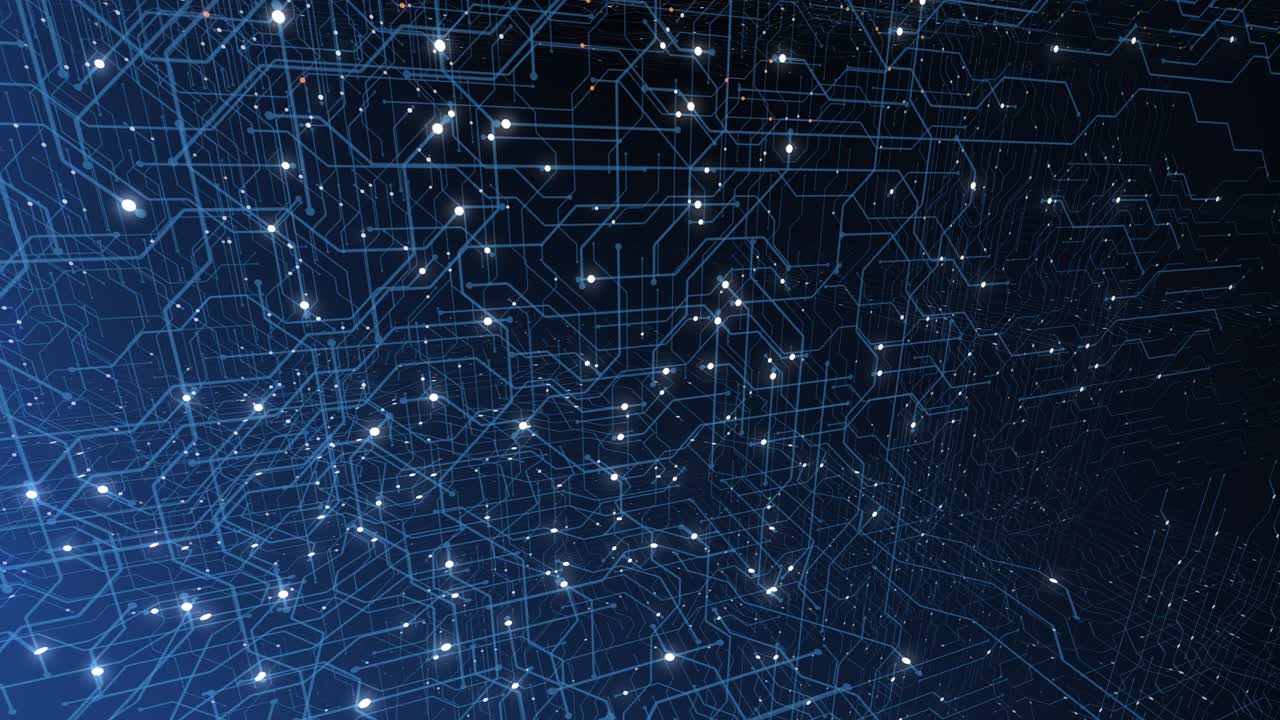 4K seamless loop of print circuit technology cyber and futuristic concept. Circuit Board with moving electrons. CPU processing Data. Futuristic HUD technology Screen Data animation.