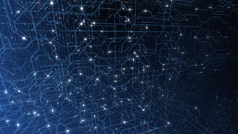 4k seamless loop of print circuit technology cyber and futuristic concept. circuit board with moving electrons. cpu processing data. futuristic hud technology screen data animation.