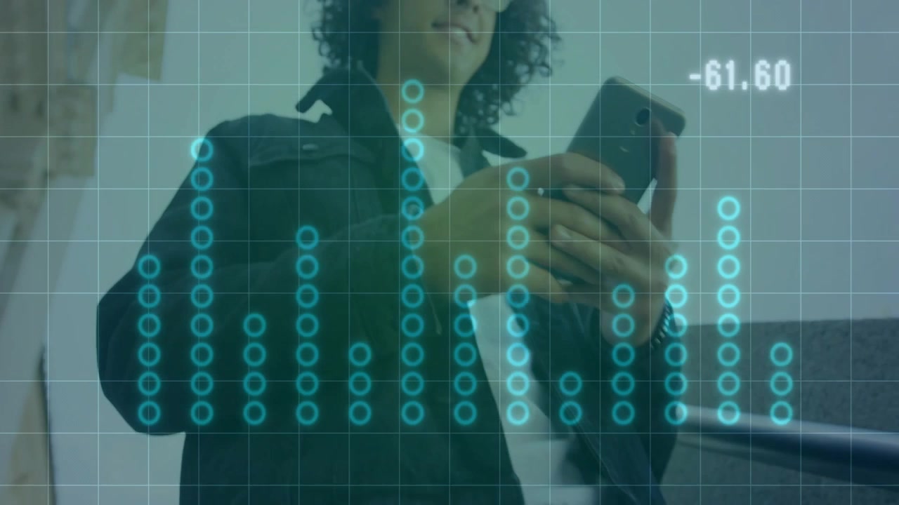 Man tapping phone in lobby, activating finance bars and value rising positive, monitoring portfolio