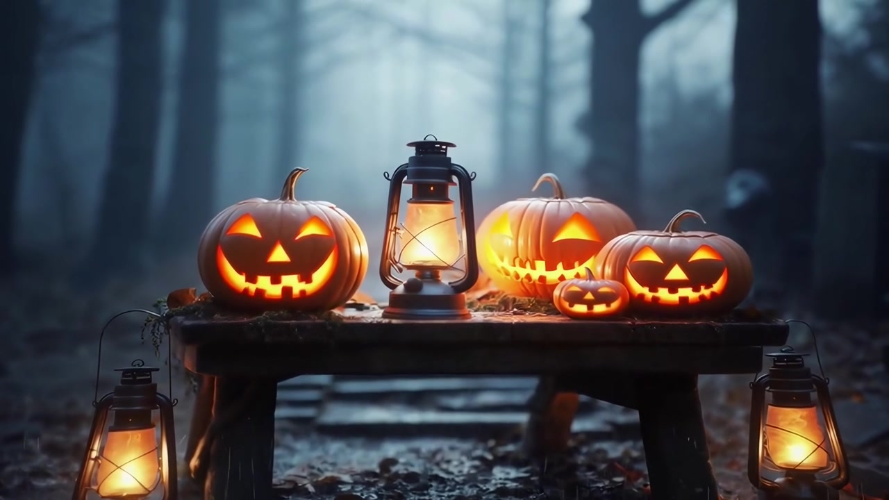 Jack-o'-lantern luminose su una panchina di legno in una foresta nebbiosa