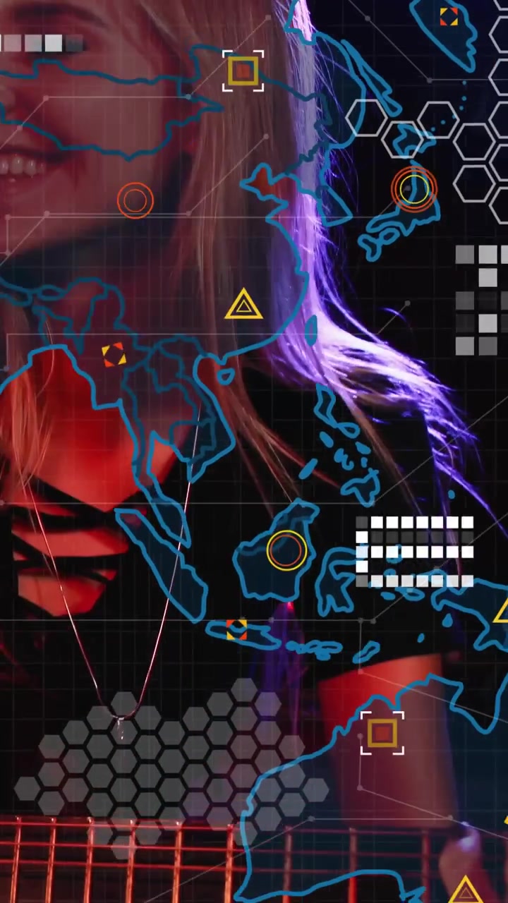Woman guitarist placing fingers, strumming, causing blue HUD scrolling on fret, showing music tech