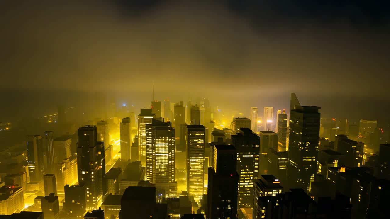 Lifting fog revealing skyscraper cluster over urban dusk skyline, highlighting illuminated windows