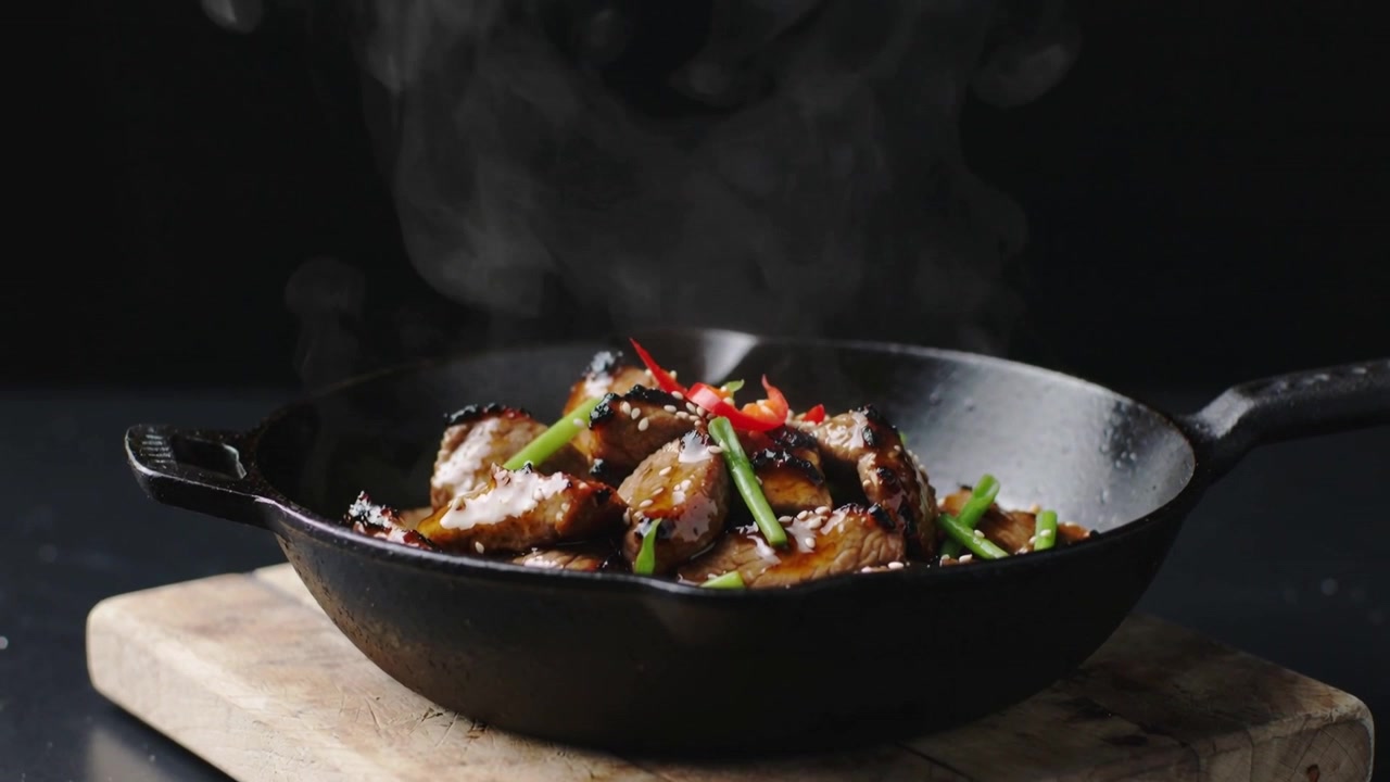 Showing cast-iron skillet releasing steam after plating on wooden board, with scallion and chili