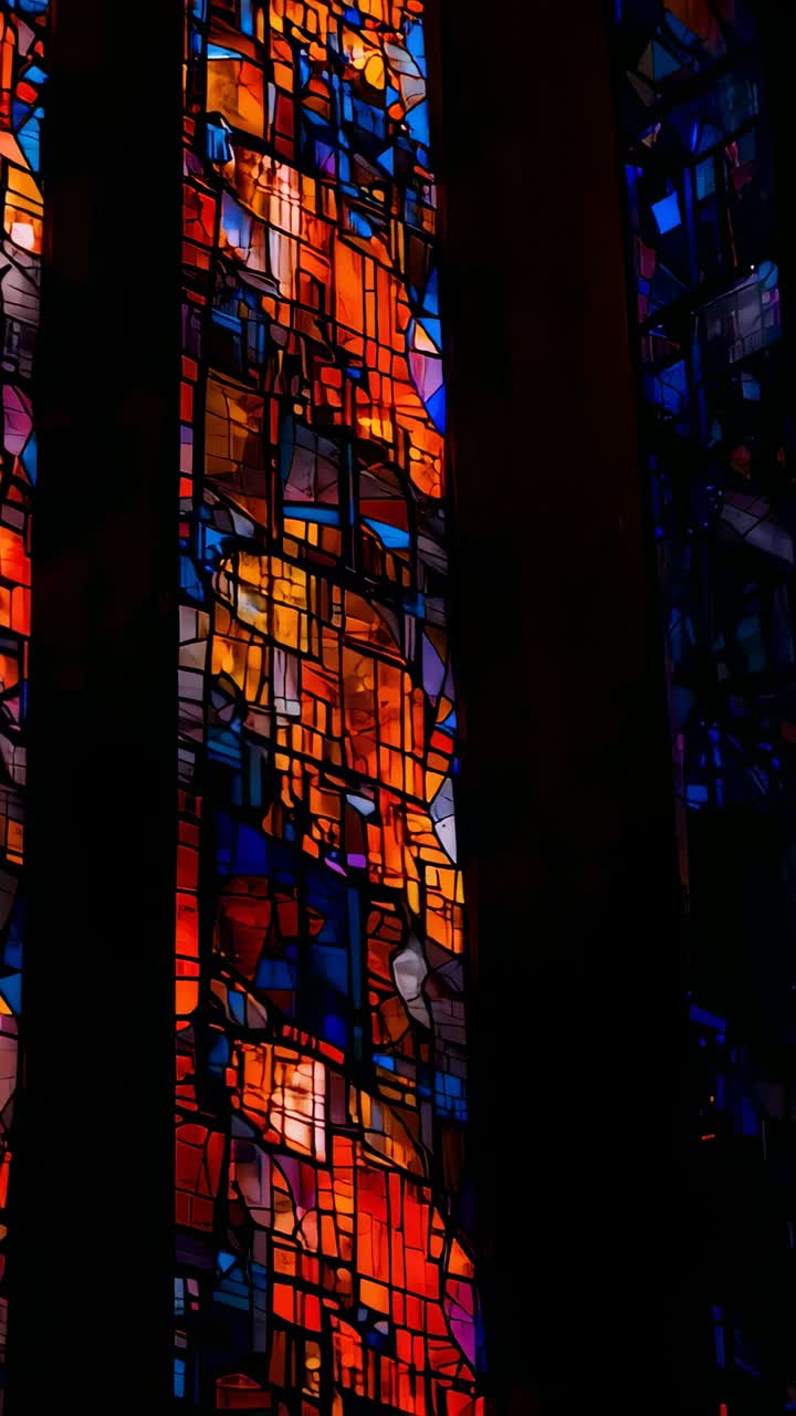 Vertical video: Panning camera right, revealing red glass pane in church and blue panes, copy space