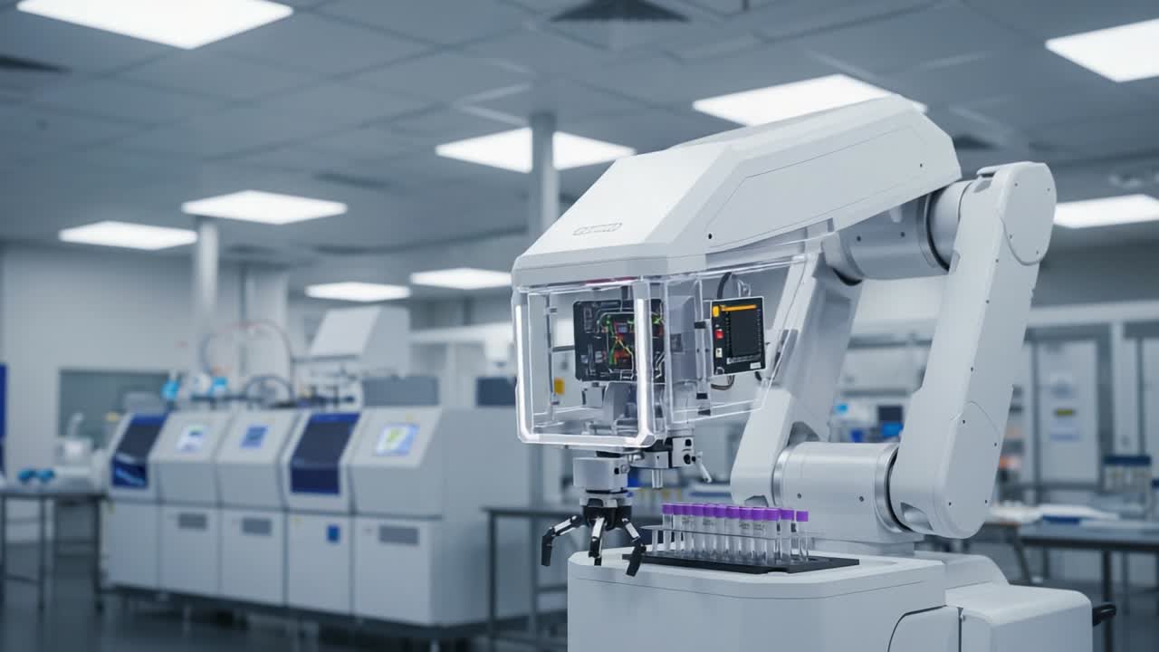 Advanced Robotic Arm in High-Tech Laboratory Setting, Showcasing Precision Automation in Scientific Research and Experimentation with Test Tubes and Equipment