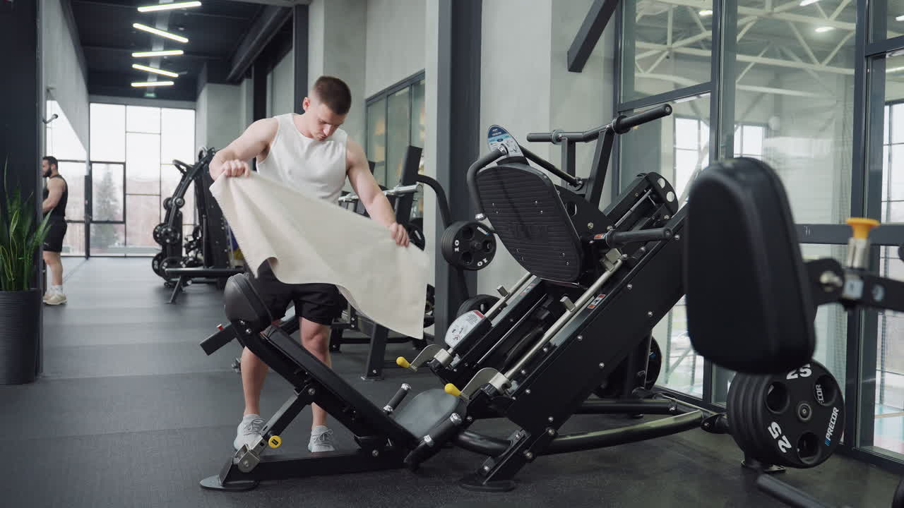 Student walks across modern gym floor to elliptical machine and carefully spreads damp gym towel on bench under bright overhead lights preparing for intense workout session with focused expression