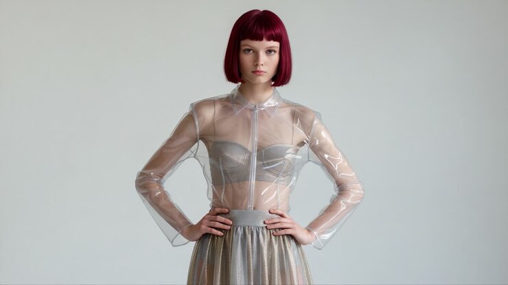 Moderne modeudstilling: En model iført en gennemsigtig jakke og skinnende nederdel mod en minimalistisk baggrund