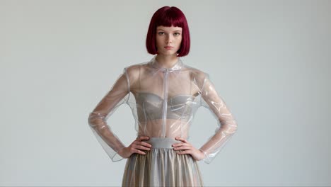 contemporary fashion showcase: a model wearing a transparent jacket and shimmering skirt against a minimalist background