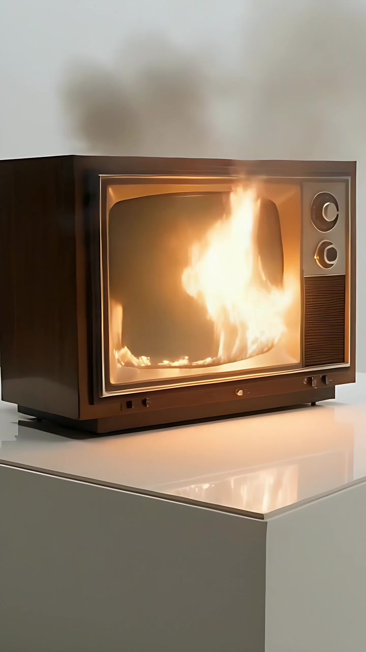 Video verticale: La telecamera si apre mostrando una televisione vintage posizionata su un mobile bianco, con manopole in legno.