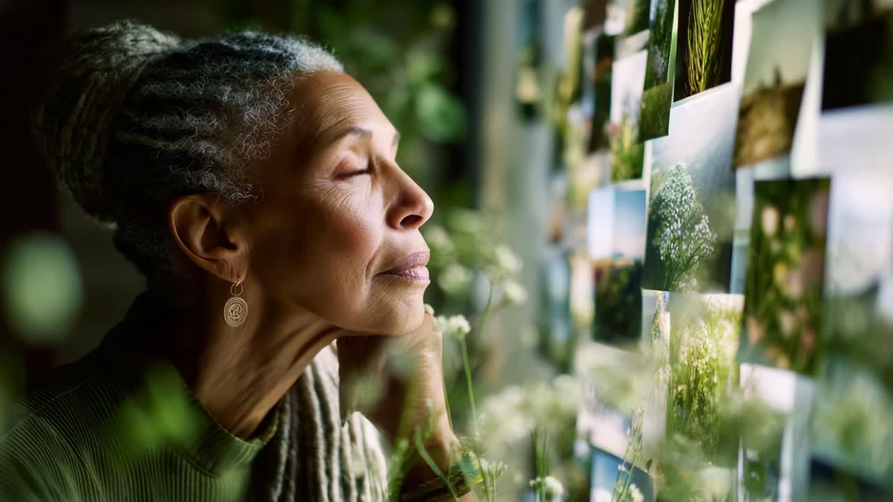 A contemplative older woman gazes thoughtfully at a collection of beautiful nature photographs, reflecting on memories and experiences captured in each image