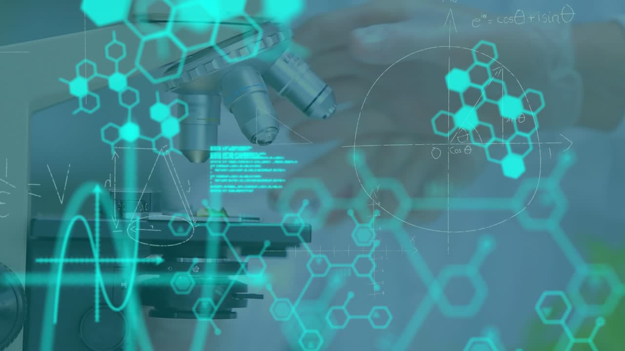 Animation of data processing and chemical formulas over hands of caucasian lab workers