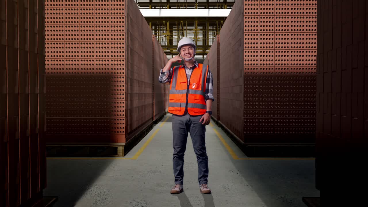 Full Body Of Asian Male Engineer With Safety Helmet Smiling To Camera And Making Call Me Gesture While Standing With Red Brick Packed in Stacks Are Stored