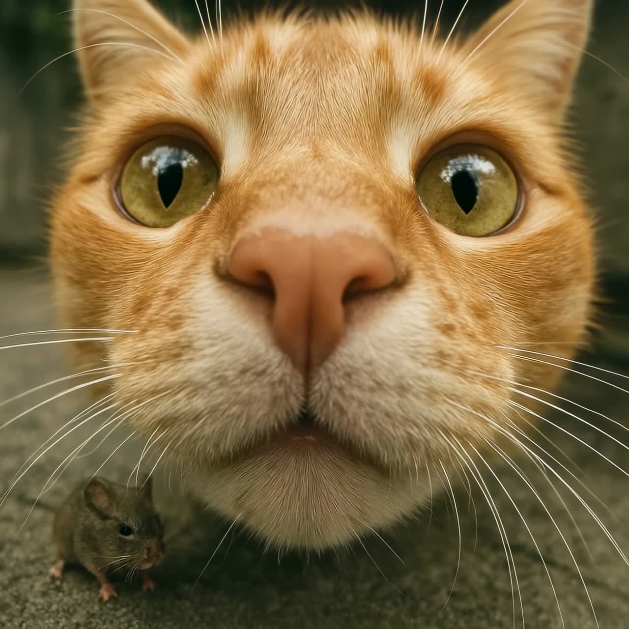 Close-up, wide-angle shot of a curious cat's face with a tiny mouse below, creating a playful