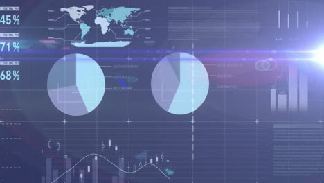 animación del procesamiento de datos estadísticos frente a un punto de luz sobre fondo azul