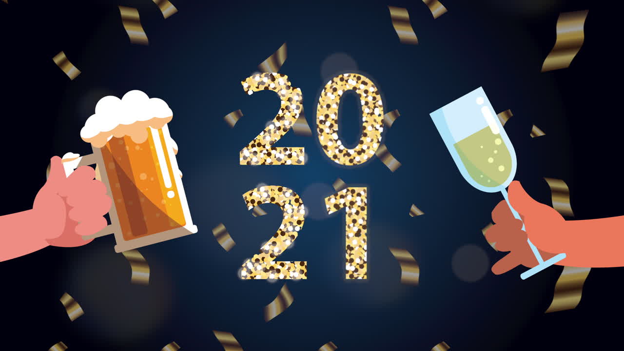 happy new year 2021 celebration with golden numbers and drinks toast
