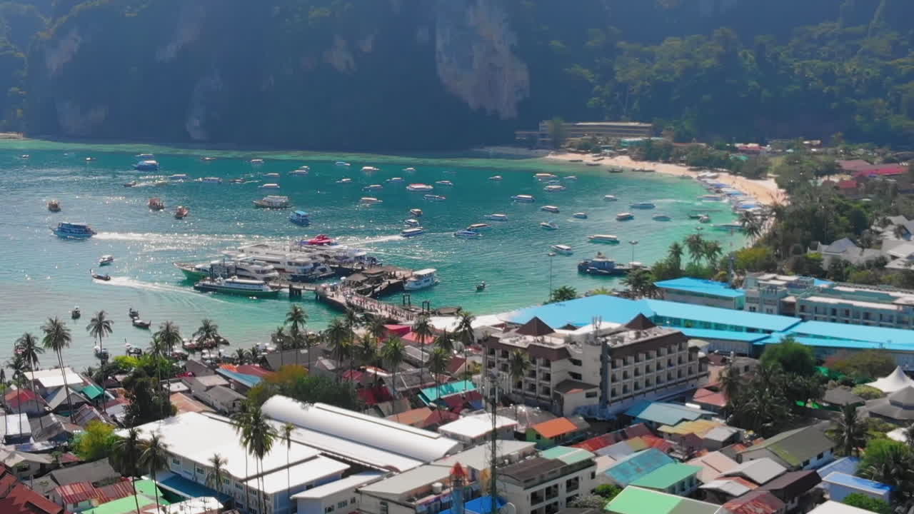 Aerial view of ferry boat and small boats, Ko Phi Phi, Thailand