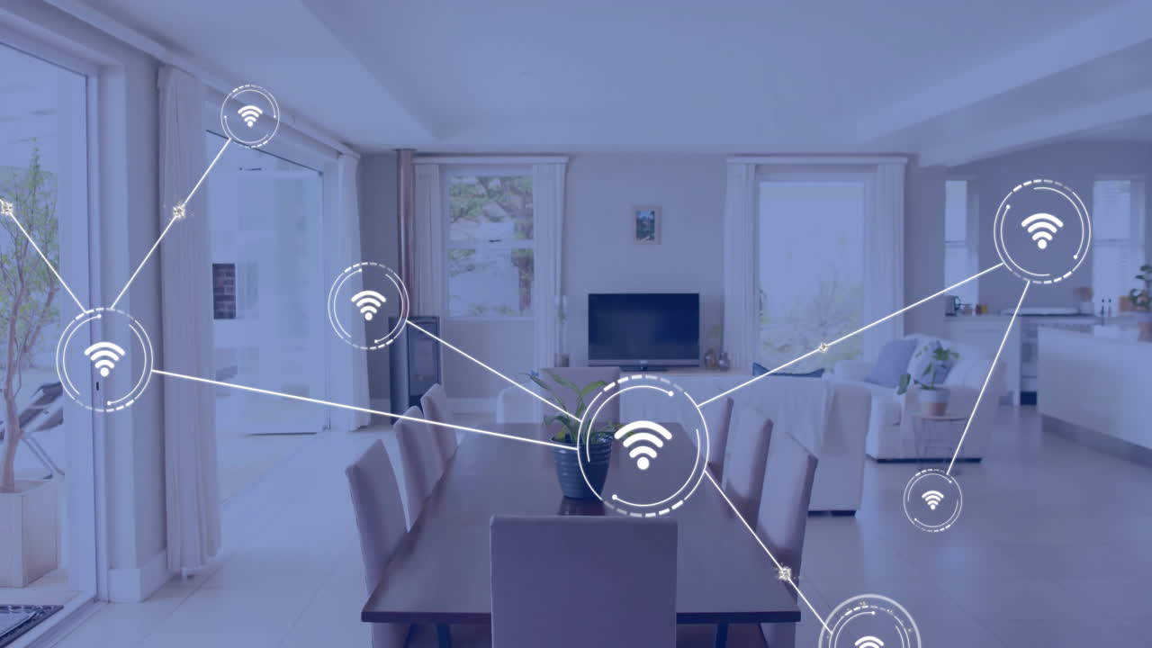 animación de la red de procesamiento de datos de conexiones a través de la sala de estar