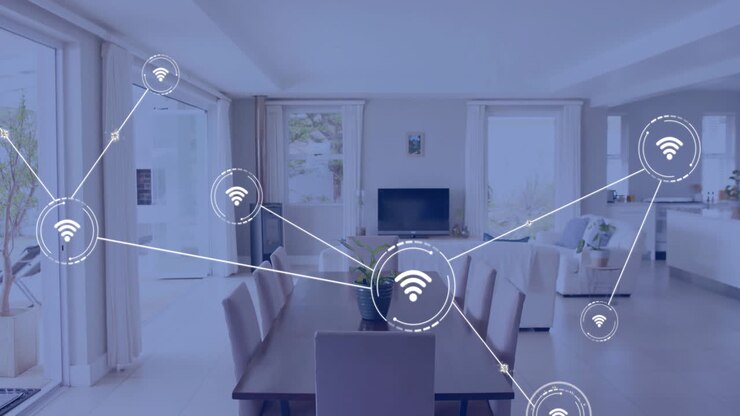 Animation of data processing network of connections over living room