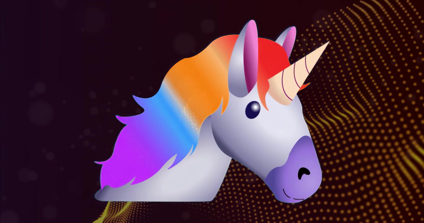 When clip starts unicorn head animating rainbow mane blinking eye pulsing golden wave for magic