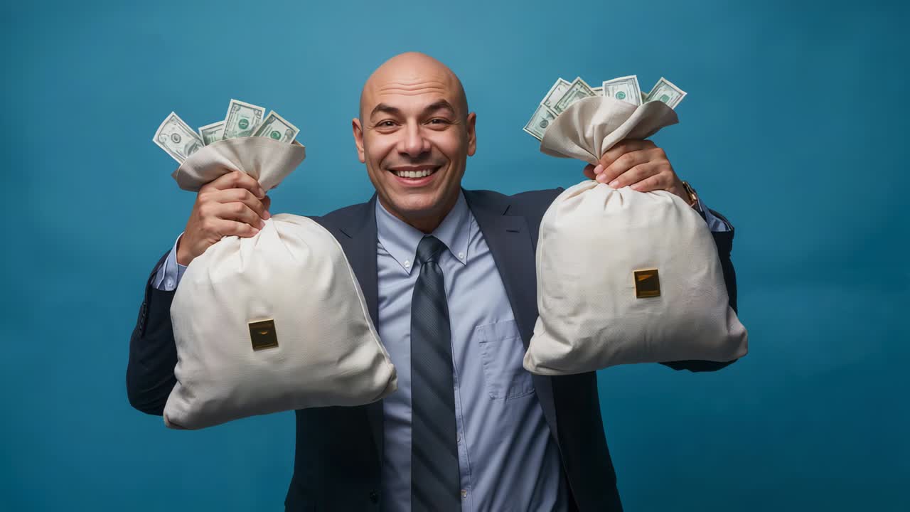 Ein Geschäftsmann im Anzug steht auf Stichwort auf und bewegt zwei Geldsäcke mit Dollarscheinen in einem blauen Studio